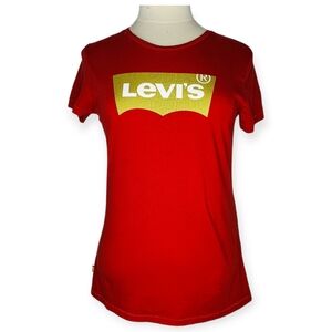 Levi's Shirt Red and Gold Logo Women's Medium Organic Cotton Babydoll Fit